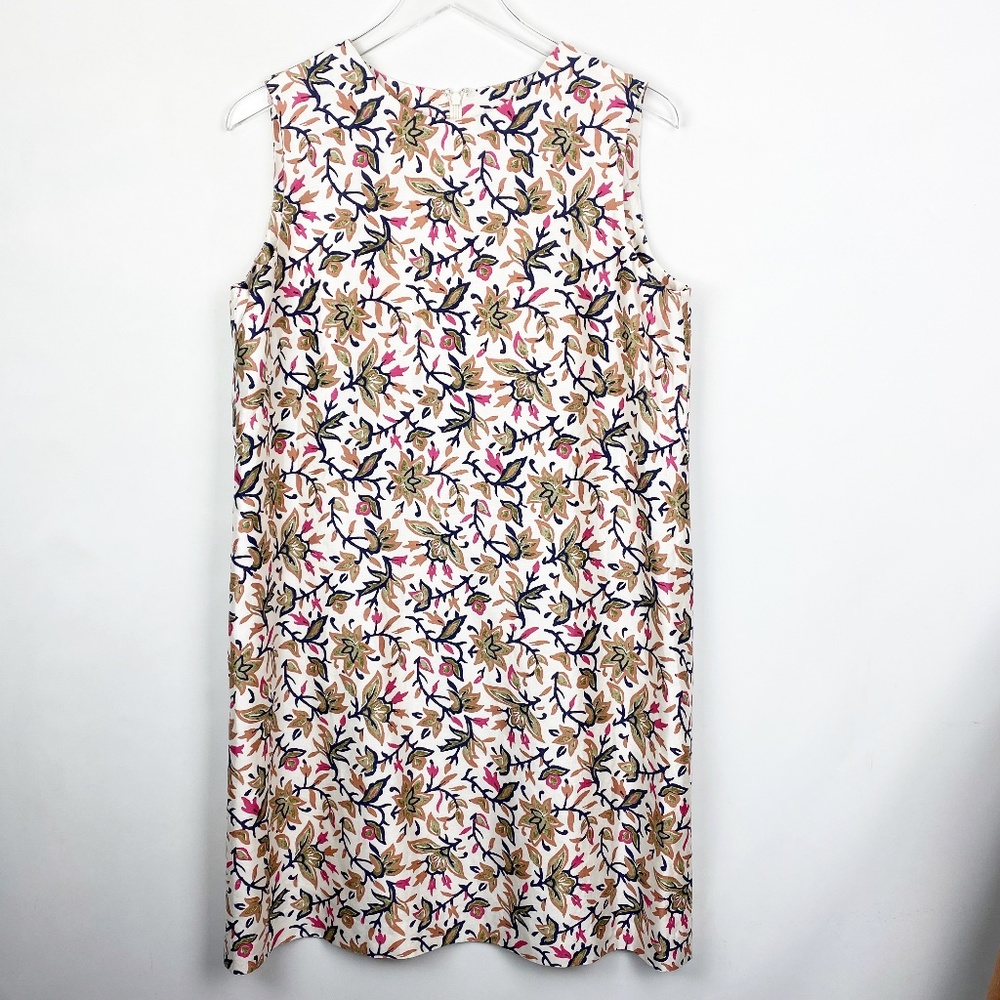 Tory Burch Cream Floral Sleeveless Shift Dress with Navy & Pink Accents
